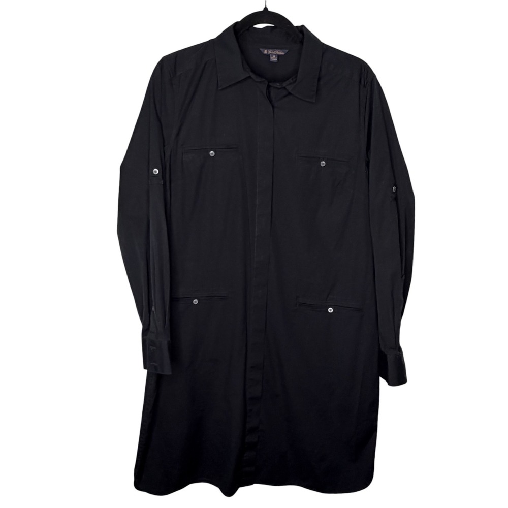 Brooks Brothers Black Cotton Spandex Utility Shirt Dress Roll Tab Sleeve Size 14